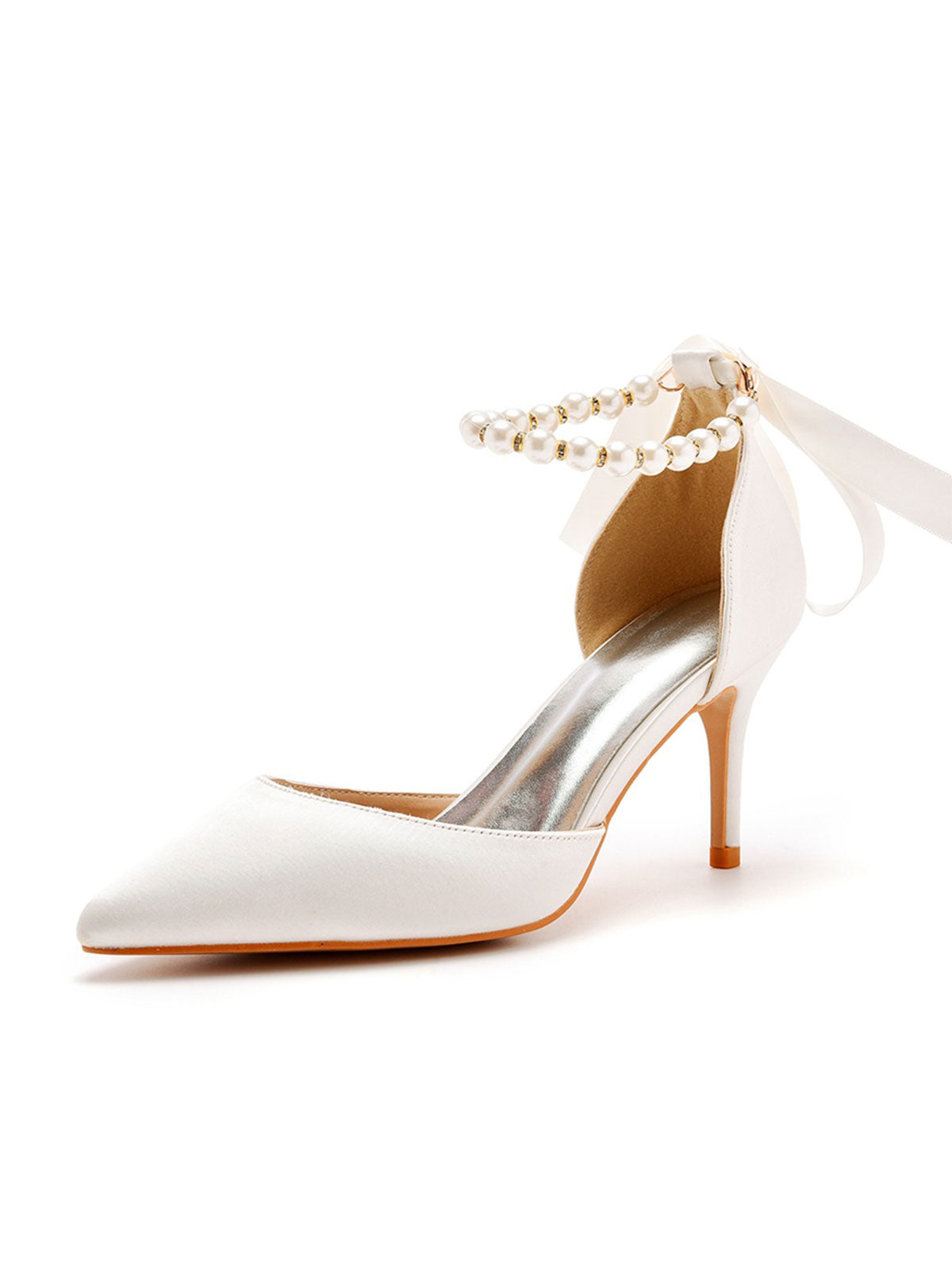 Talons hauts en satin à bout pointu et bride à la cheville avec ruban de perles