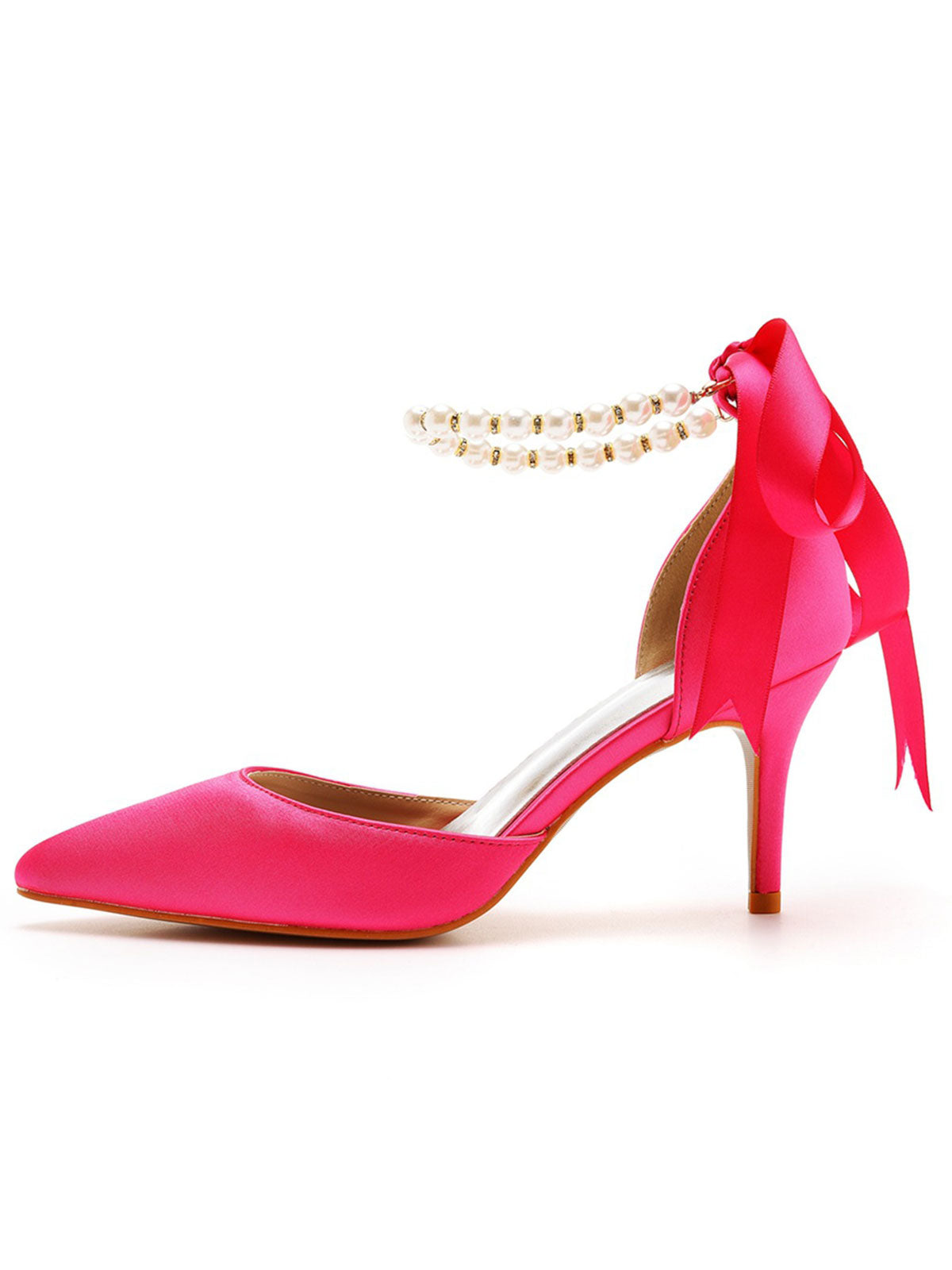 Talons hauts en satin à bout pointu et bride à la cheville avec ruban de perles