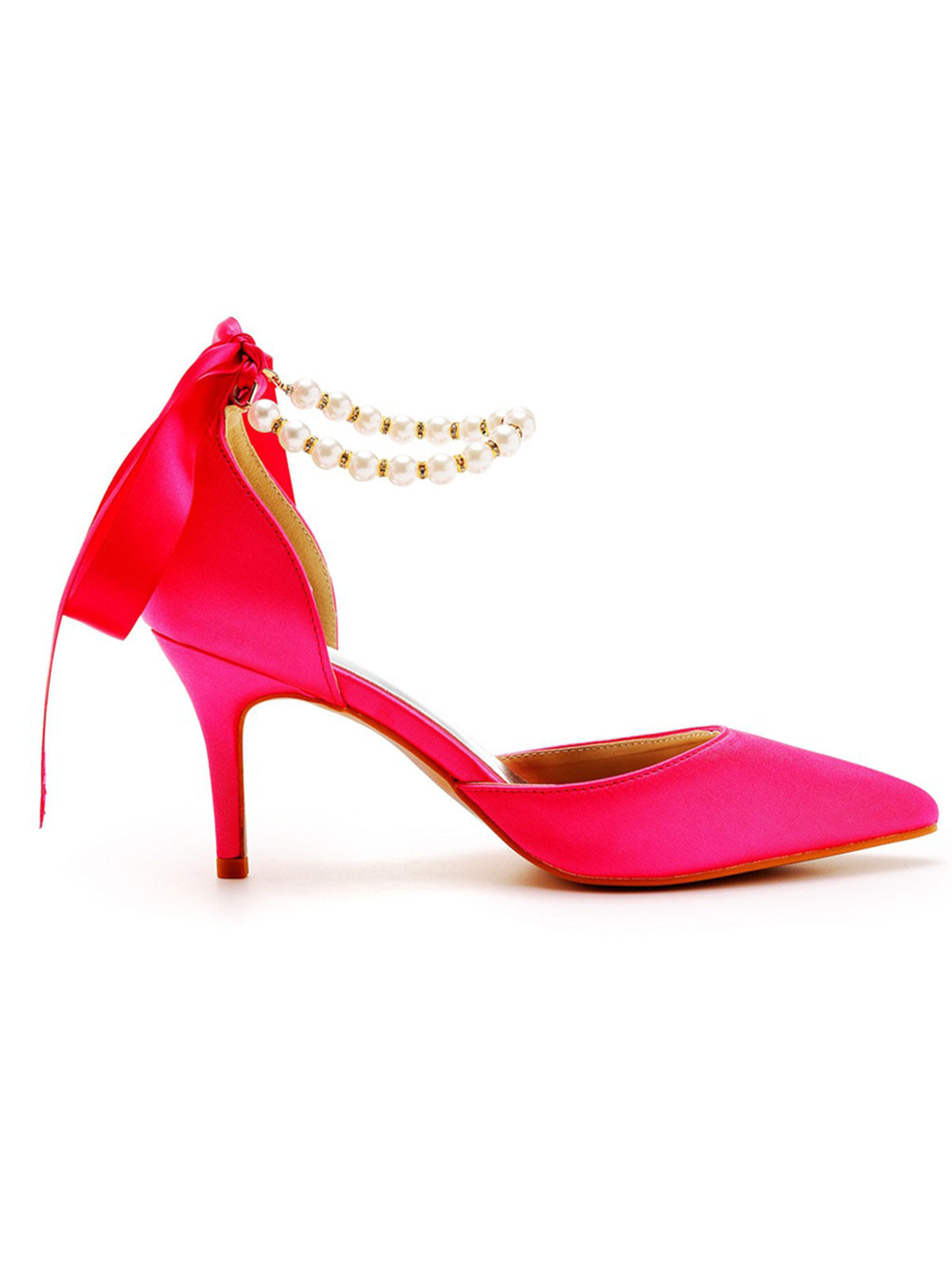 Talons hauts en satin à bout pointu et bride à la cheville avec ruban de perles