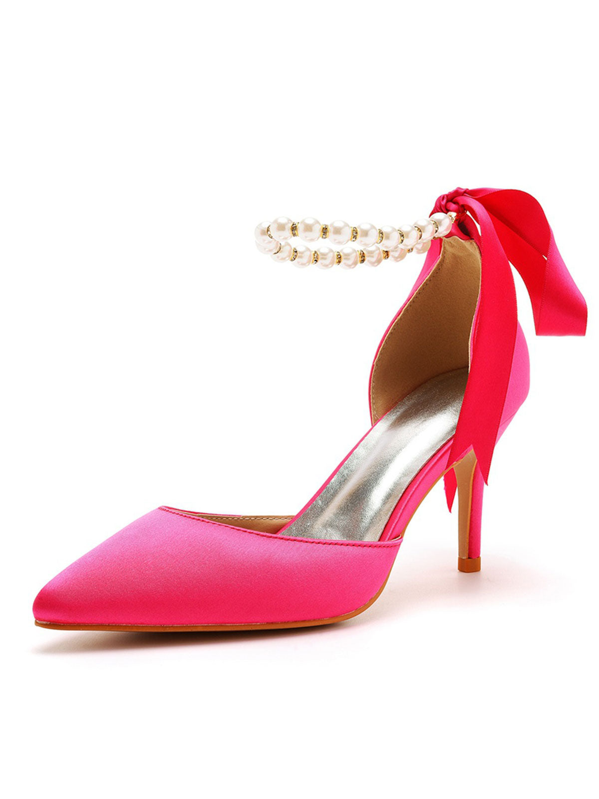 Talons hauts en satin à bout pointu et bride à la cheville avec ruban de perles