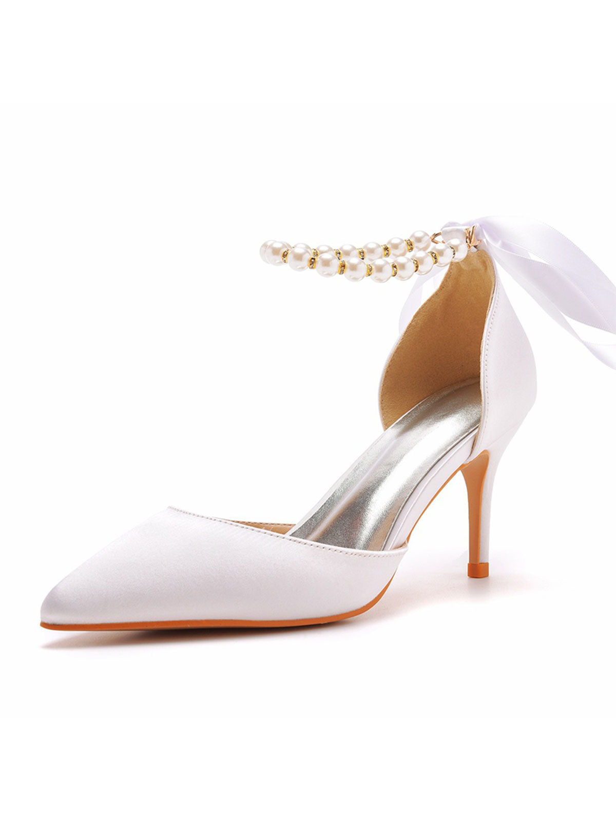 Talons hauts en satin à bout pointu et bride à la cheville avec ruban de perles