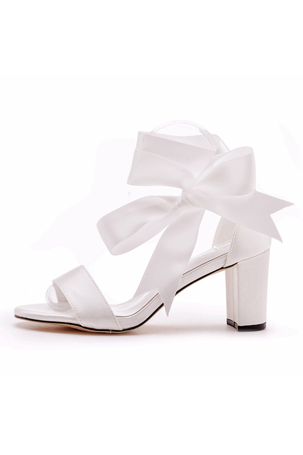 Ivory Satin Tied Open Toe Ankle Strap Chunky Heel Sandals