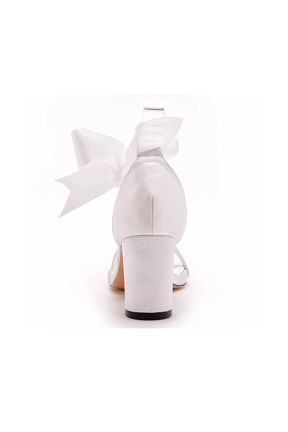 Ivory Satin Tied Open Toe Ankle Strap Chunky Heel Sandals