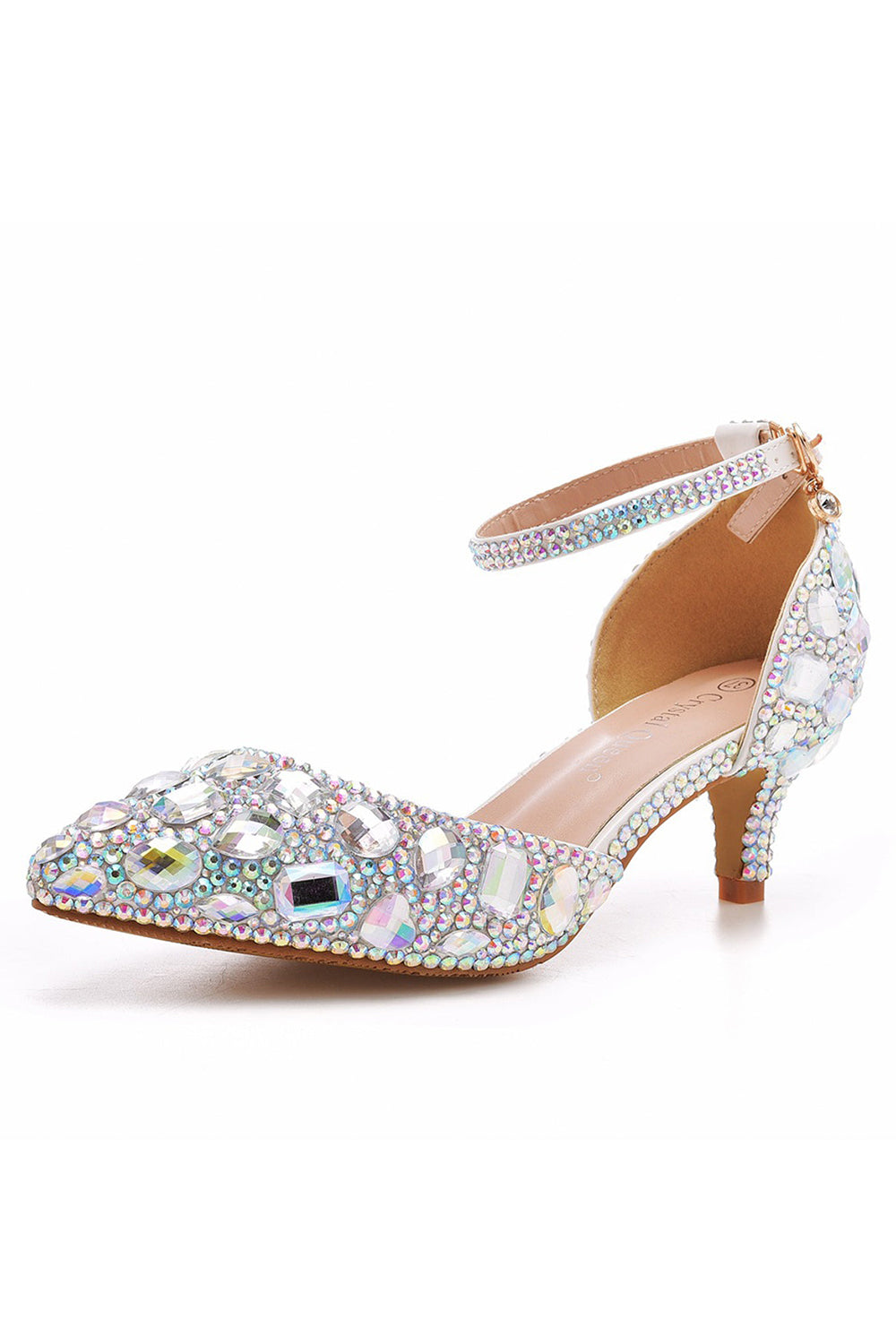 Pointed Toe Crystal Diamond Ankle Strap Kitten Heels