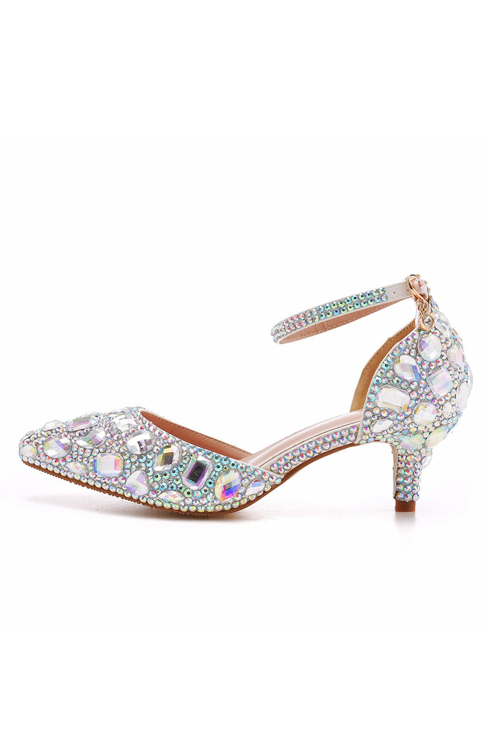 Pointed Toe Crystal Diamond Ankle Strap Kitten Heels