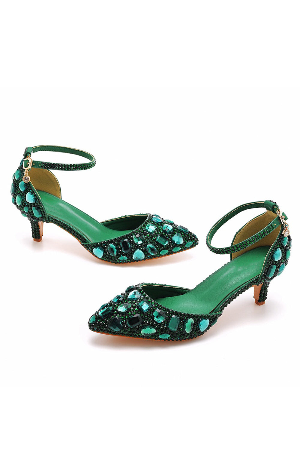 Pointed Toe Crystal Diamond Ankle Strap Kitten Heels