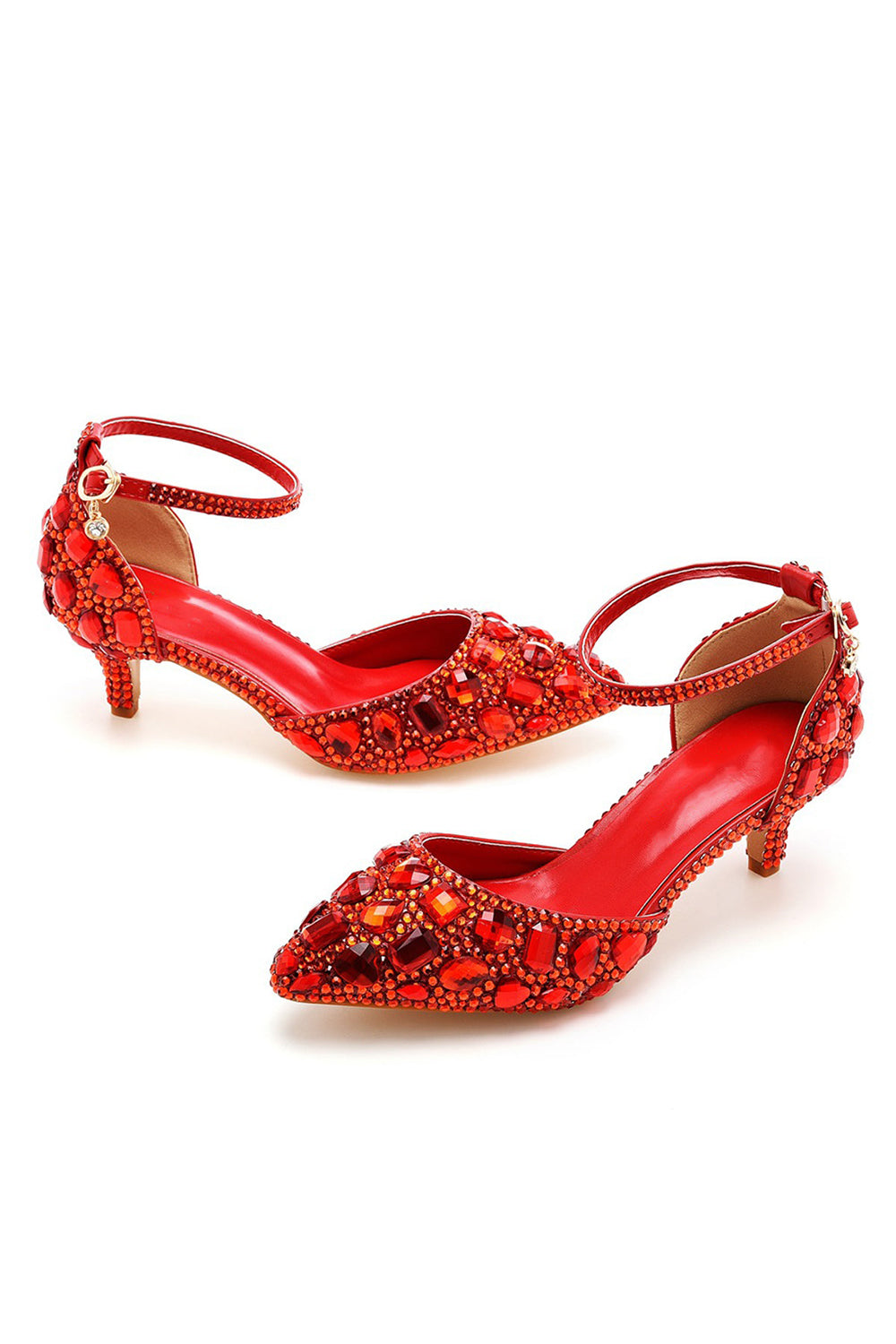 Pointed Toe Crystal Diamond Ankle Strap Kitten Heels