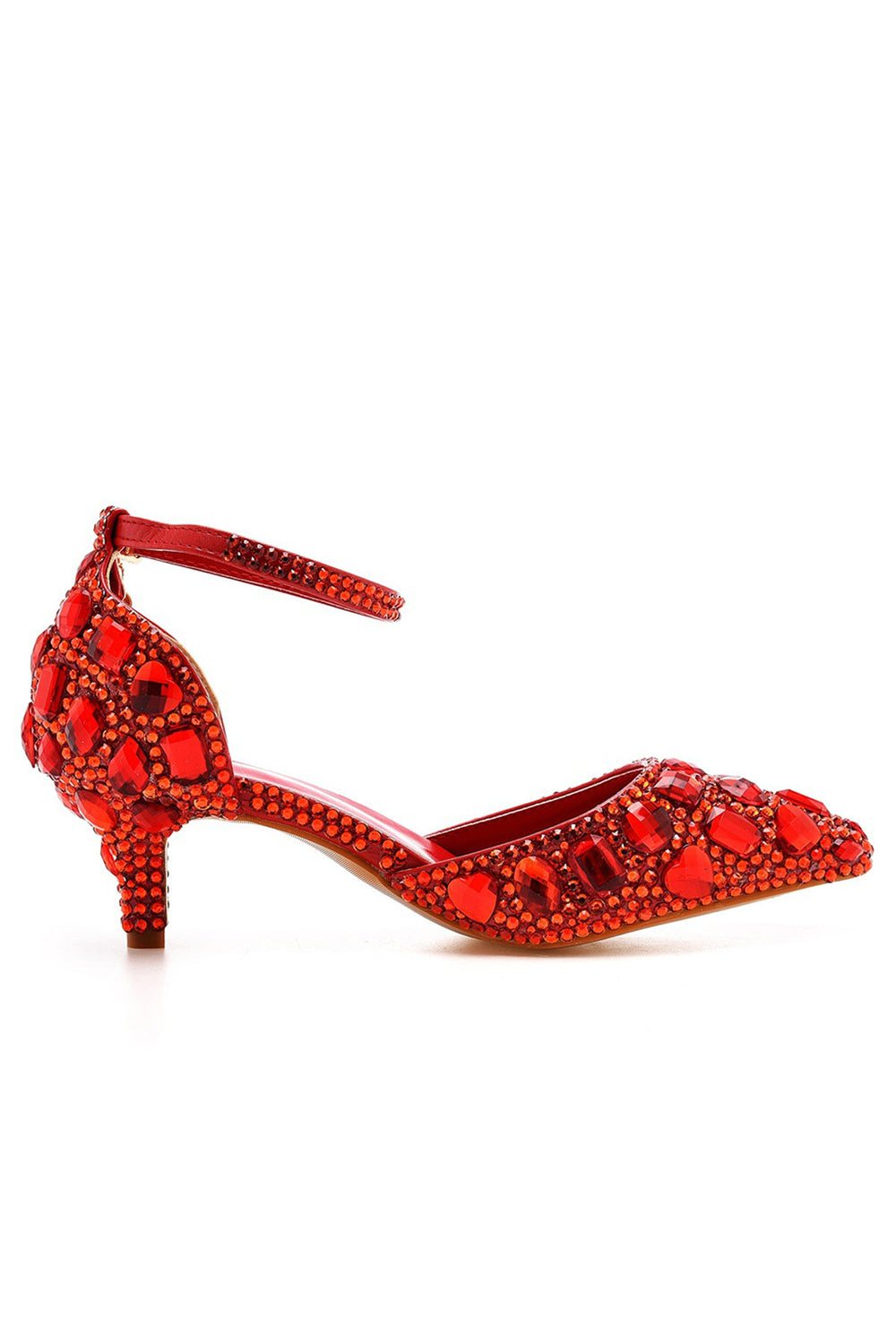 Pointed Toe Crystal Diamond Ankle Strap Kitten Heels