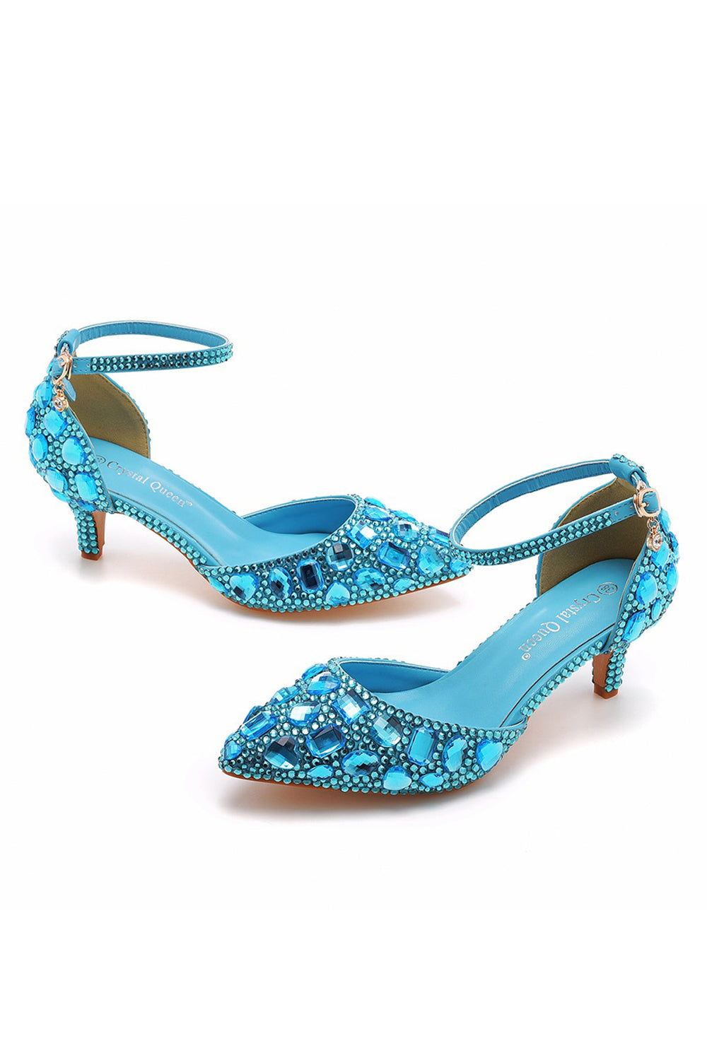Pointed Toe Crystal Diamond Ankle Strap Kitten Heels