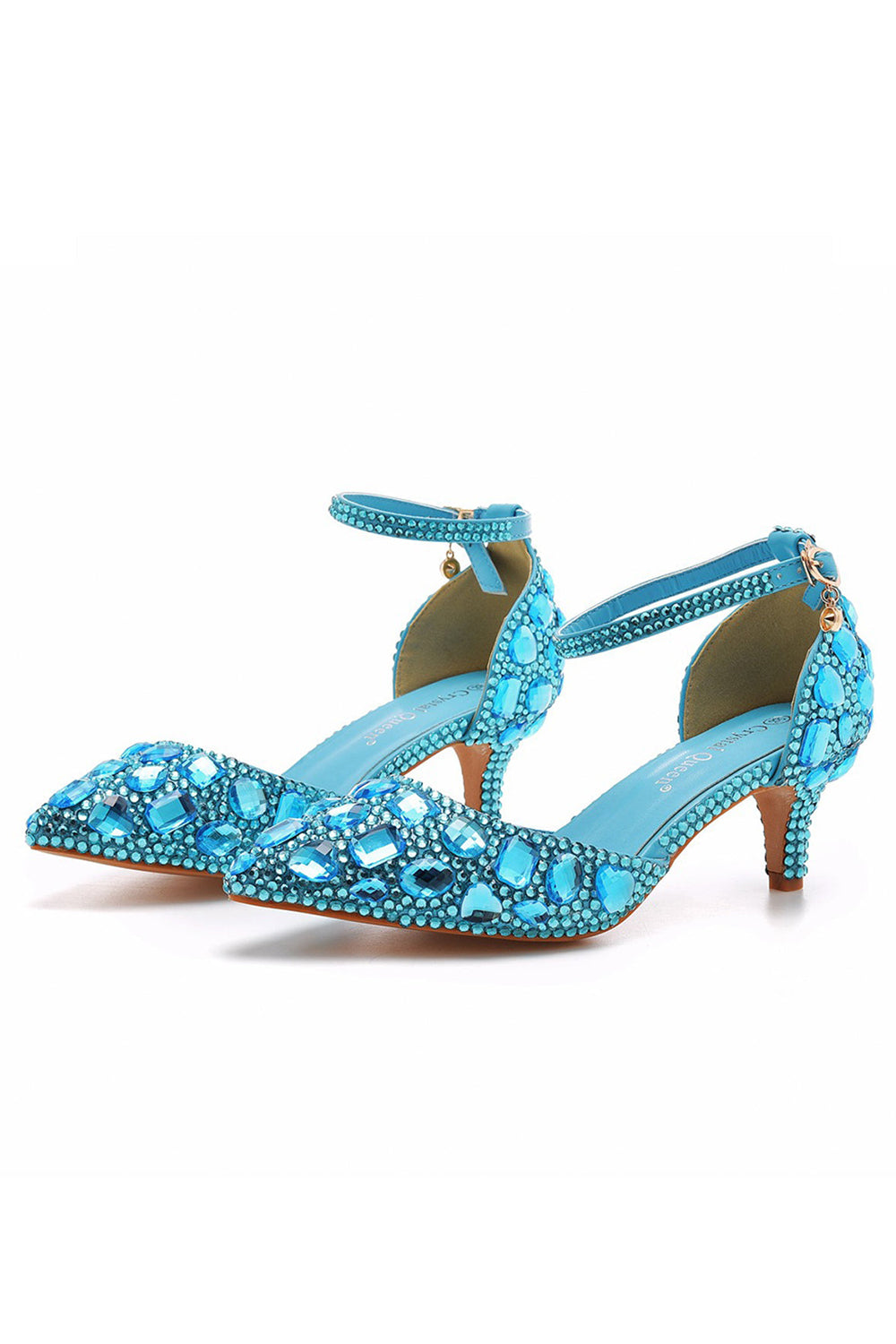 Pointed Toe Crystal Diamond Ankle Strap Kitten Heels