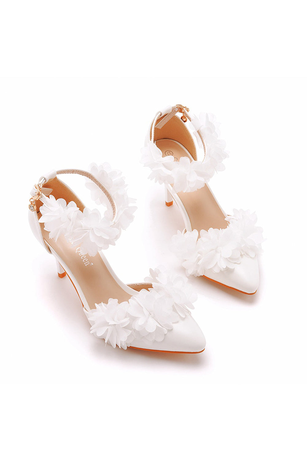 Escarpins à talons hauts et bride cheville à bout pointu et fleurs blanches