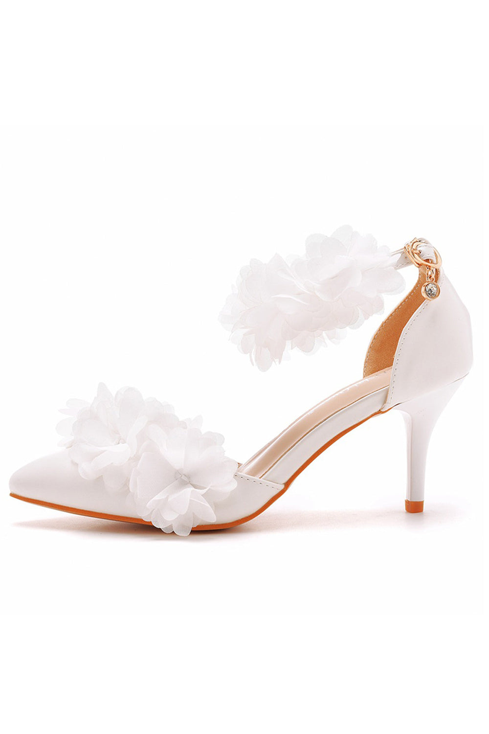 Escarpins à talons hauts et bride cheville à bout pointu et fleurs blanches