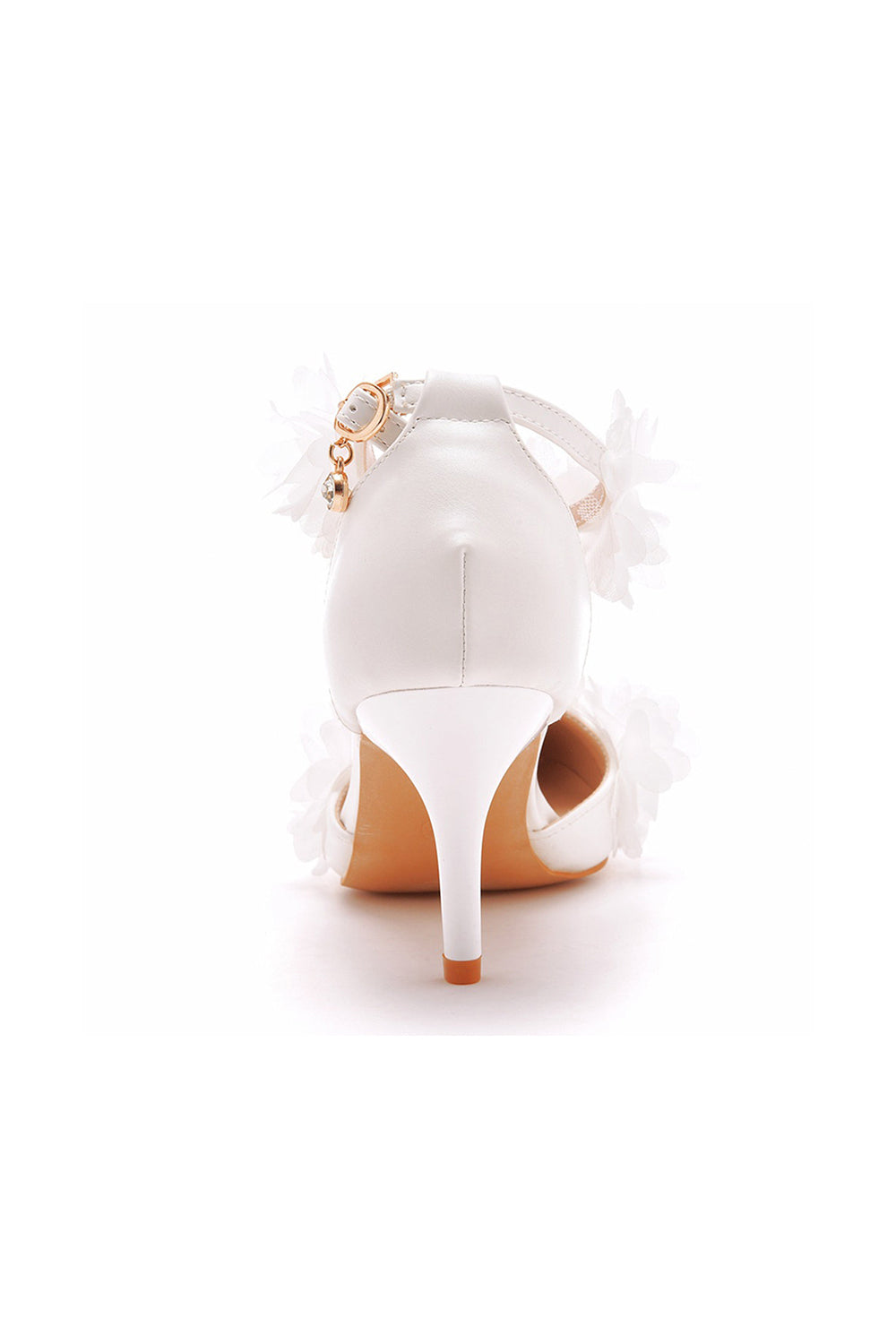Escarpins à talons hauts et bride cheville à bout pointu et fleurs blanches