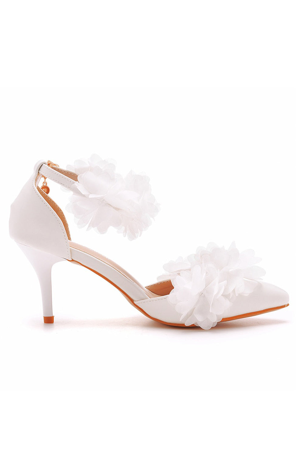 Escarpins à talons hauts et bride cheville à bout pointu et fleurs blanches