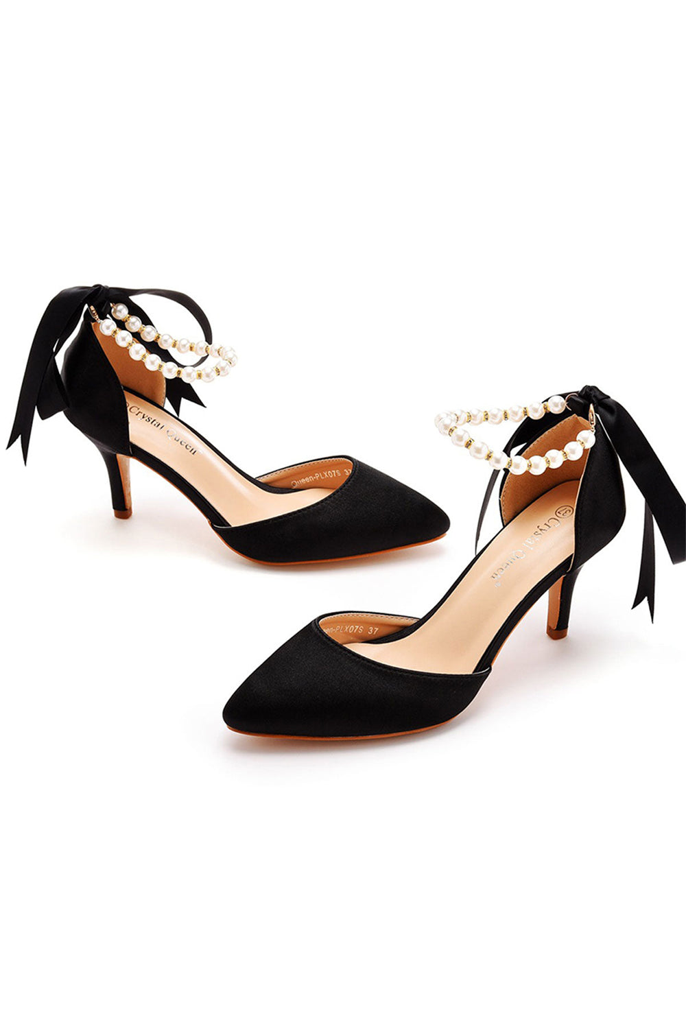 Talons hauts en satin à bout pointu et bride à la cheville avec ruban de perles