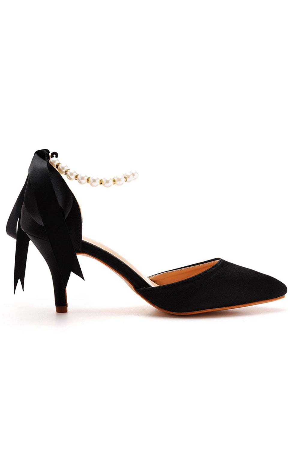 Talons hauts en satin à bout pointu et bride à la cheville avec ruban de perles