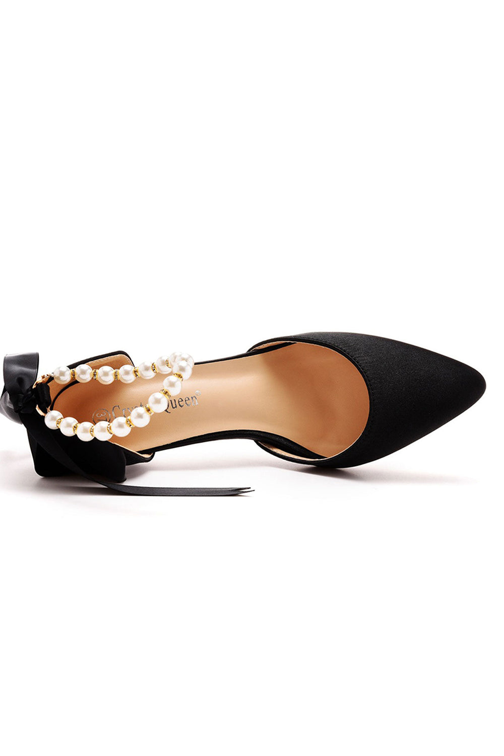 Talons hauts en satin à bout pointu et bride à la cheville avec ruban de perles