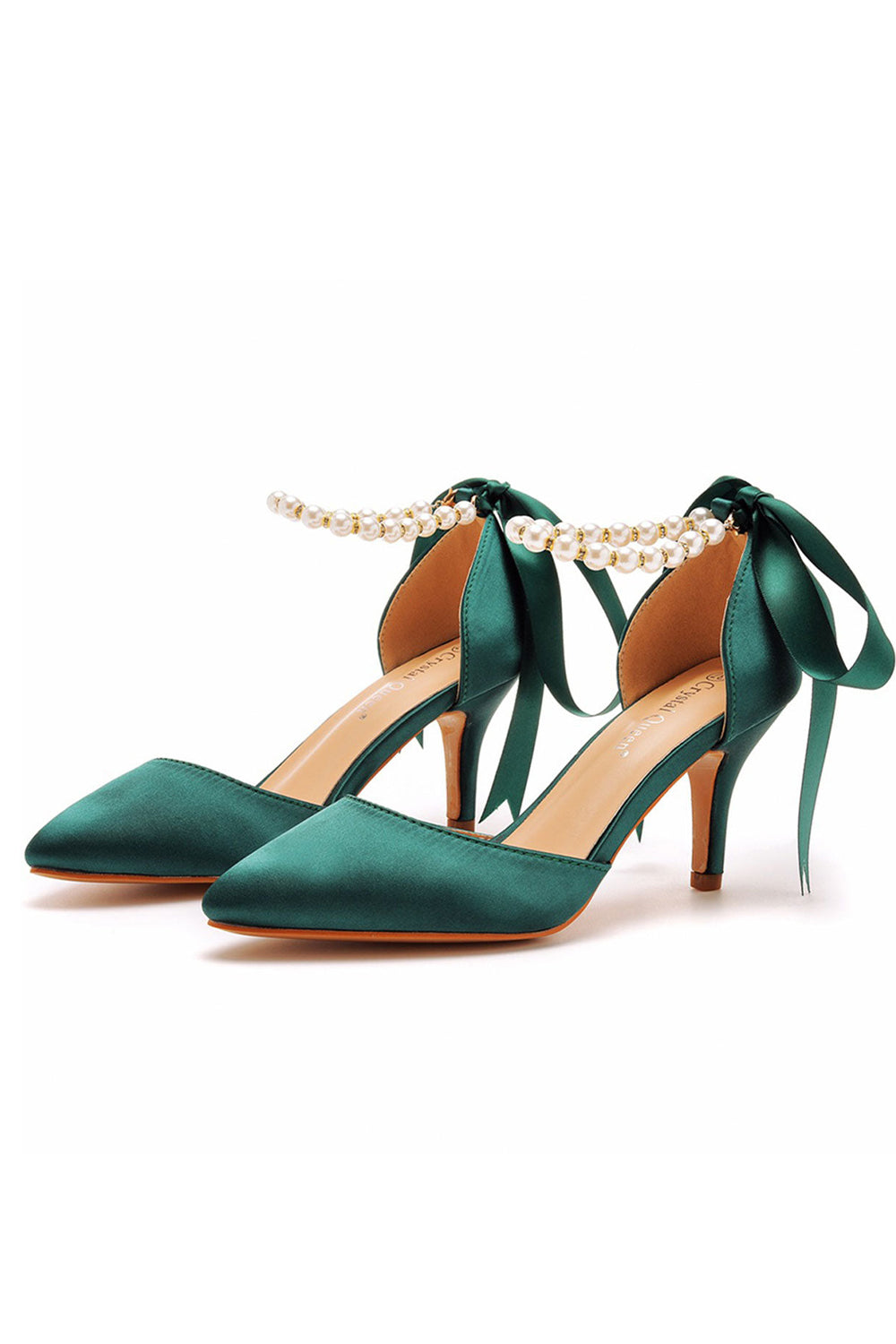 Talons hauts à bout pointu et bride à la cheville en satin avec ruban de perles