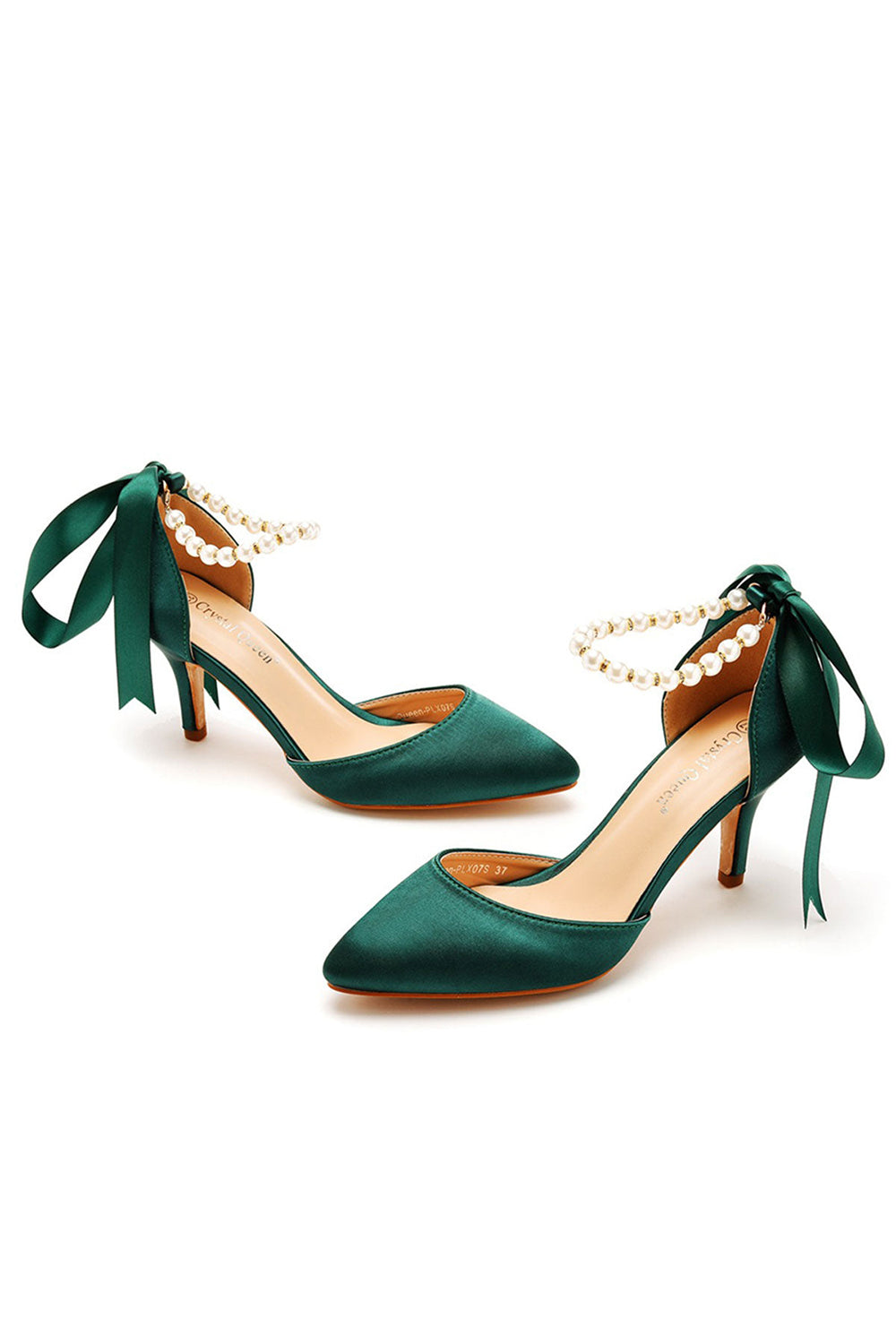Talons hauts à bout pointu et bride à la cheville en satin avec ruban de perles