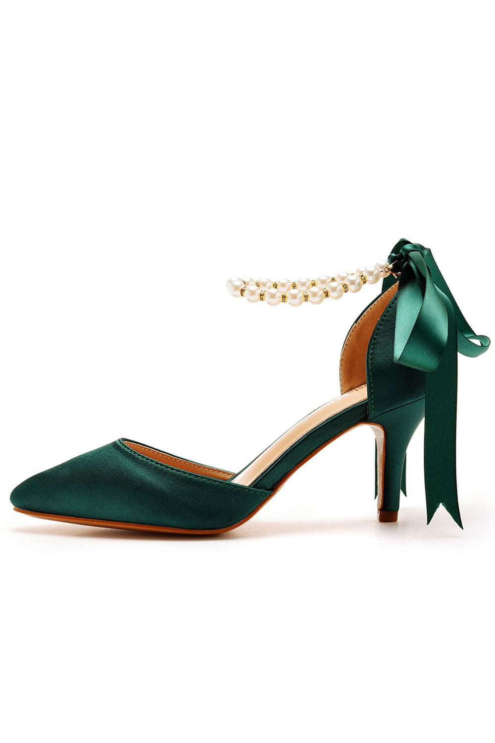 Talons hauts en satin à bout pointu et bride à la cheville avec ruban de perles