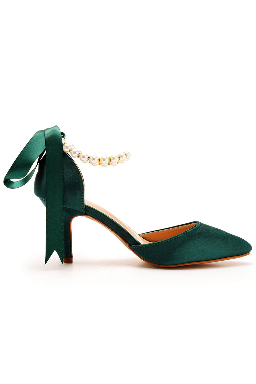 Talons hauts à bout pointu et bride à la cheville en satin avec ruban de perles