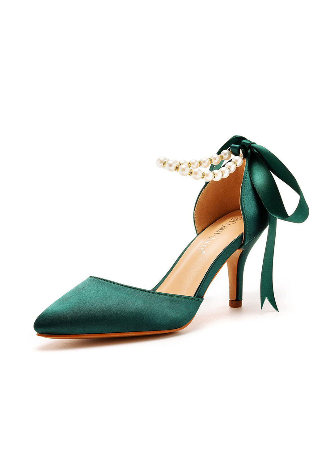 Talons hauts en satin à bout pointu et bride à la cheville avec ruban de perles