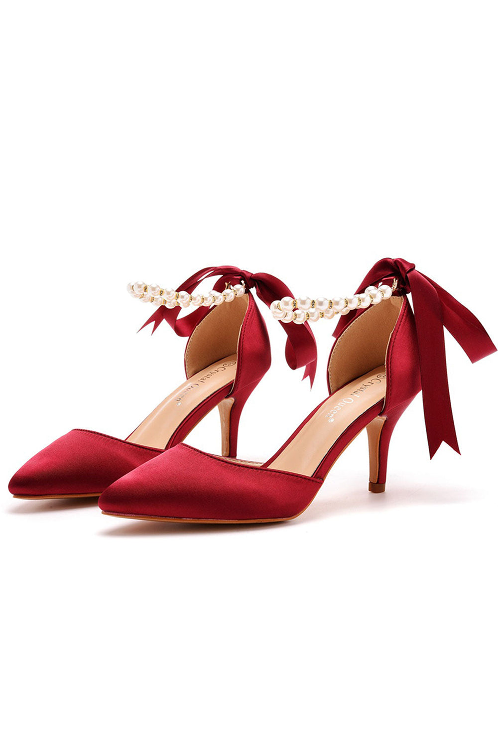 Talons hauts à bout pointu et bride à la cheville en satin avec ruban de perles