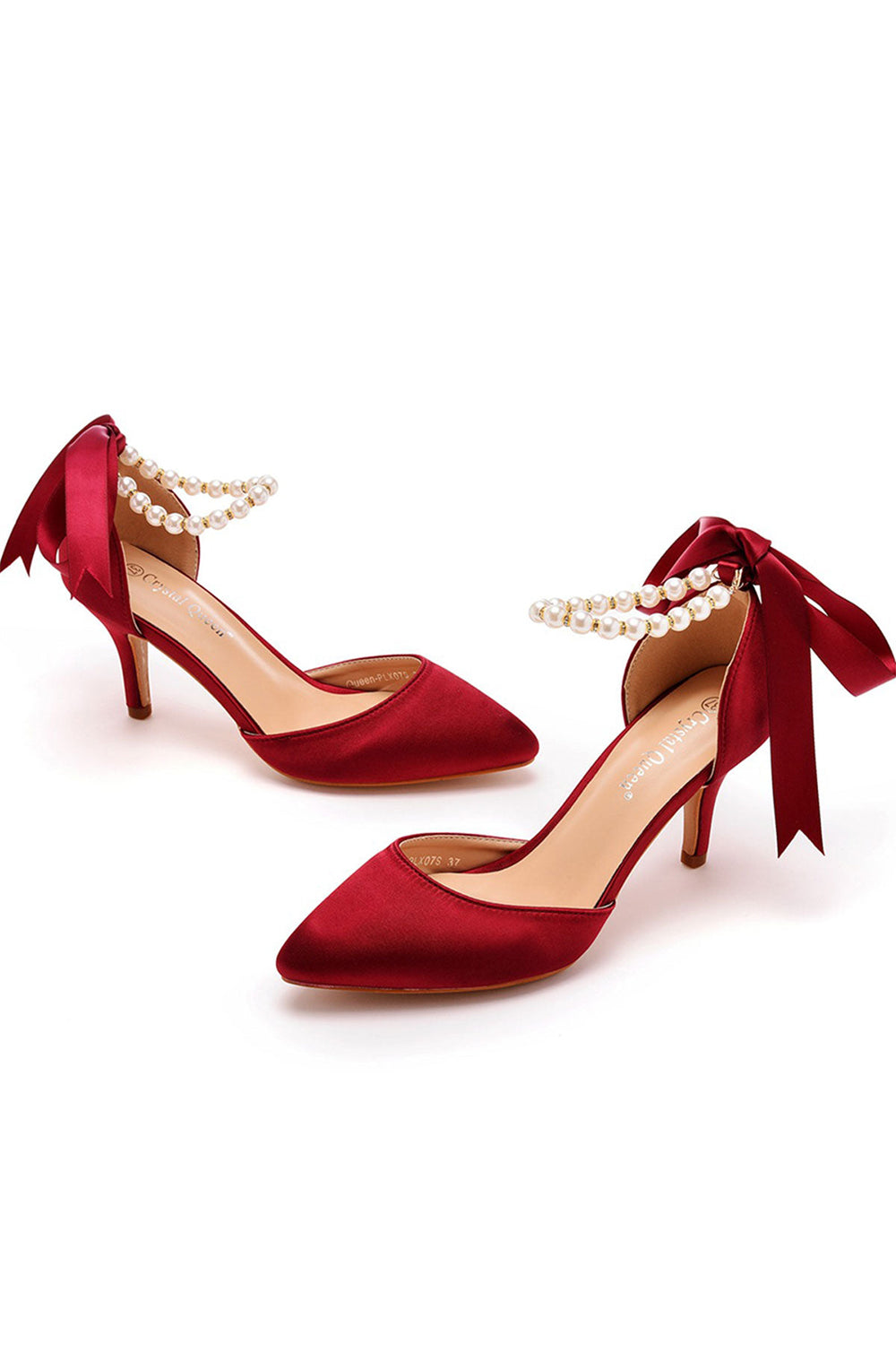 Talons hauts en satin à bout pointu et bride à la cheville avec ruban de perles