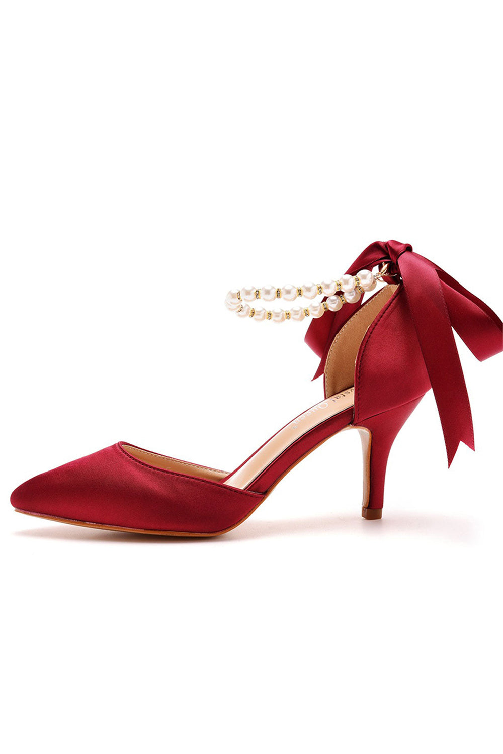 Talons hauts en satin à bout pointu et bride à la cheville avec ruban de perles