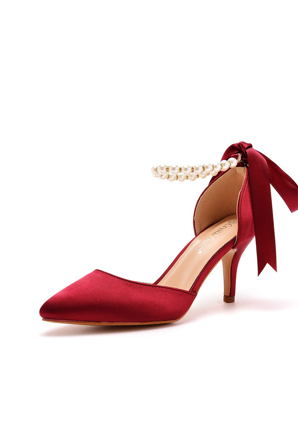 Talons hauts en satin à bout pointu et bride à la cheville avec ruban de perles