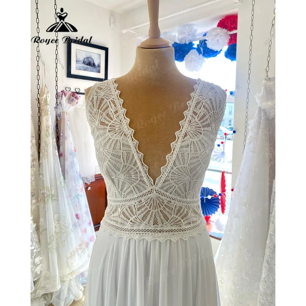 Robe de mariée bohème en mousseline de soie, sans manches, col en V, pour femmes, 2024