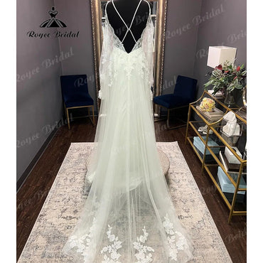 Robe Civil Langarm Spitze V-Ausschnitt Open Back Off Shoulder Brautkleid 2024 Elegantes Brautkleid robe de mariée Roycebridal