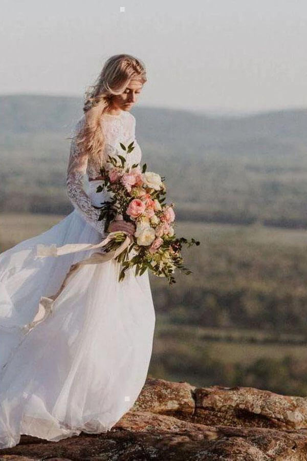 Romantic Ivory Chiffon Two Piece Long Sleeves Wedding Dresses with Lace, MW521 | lace wedding dresses | chiffon wedding dresses | bridal gowns | wedding gown | beach wedding dress | www.musebridals.com