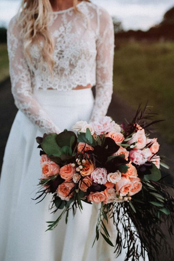 Romantic Ivory Chiffon Two Piece Long Sleeves Wedding Dresses with Lace, MW521 | two piece wedding dress | lace wedding dresses | cheap lace wedding dresses | bridal dress | www.musebridals.com