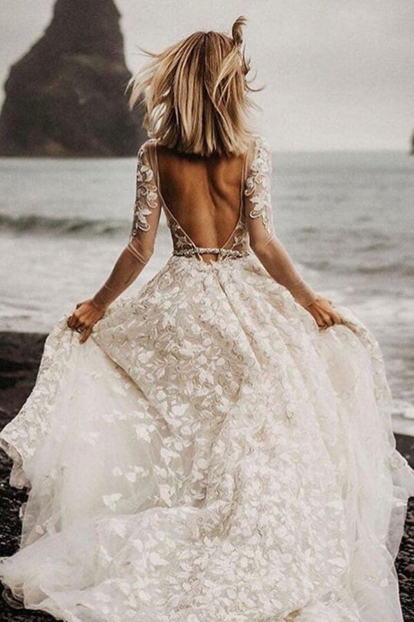 Romantic Lace A-line V-neck Long Sleeves Wedding Dresses, Bridal Gown, MW681 | beach wedding dresses | boho wedding dresses | wedding dresses online | www.musebridals.com