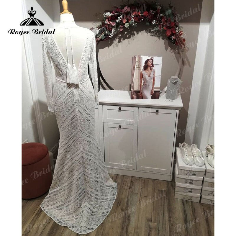 Robe de mariée style sirène/trompette style bohème, manches longues, dentelle, dos nu, style bohème, pour la plage, 2025