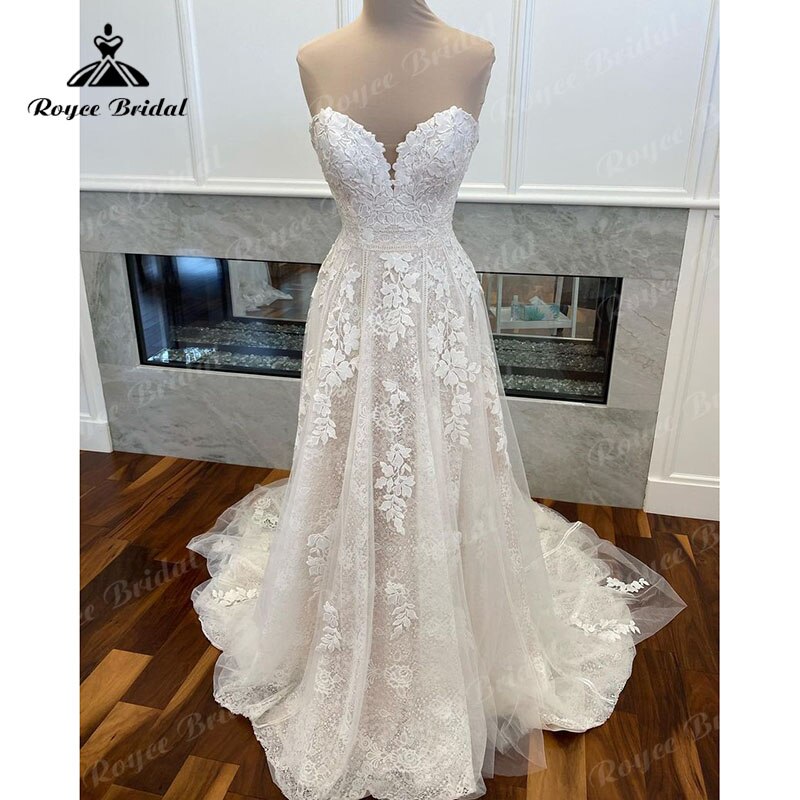 Robe de mariée trapèze style bohème en dentelle Roycebridal, décolleté en cœur, avec appliques, style princesse, pour femme, 2025
