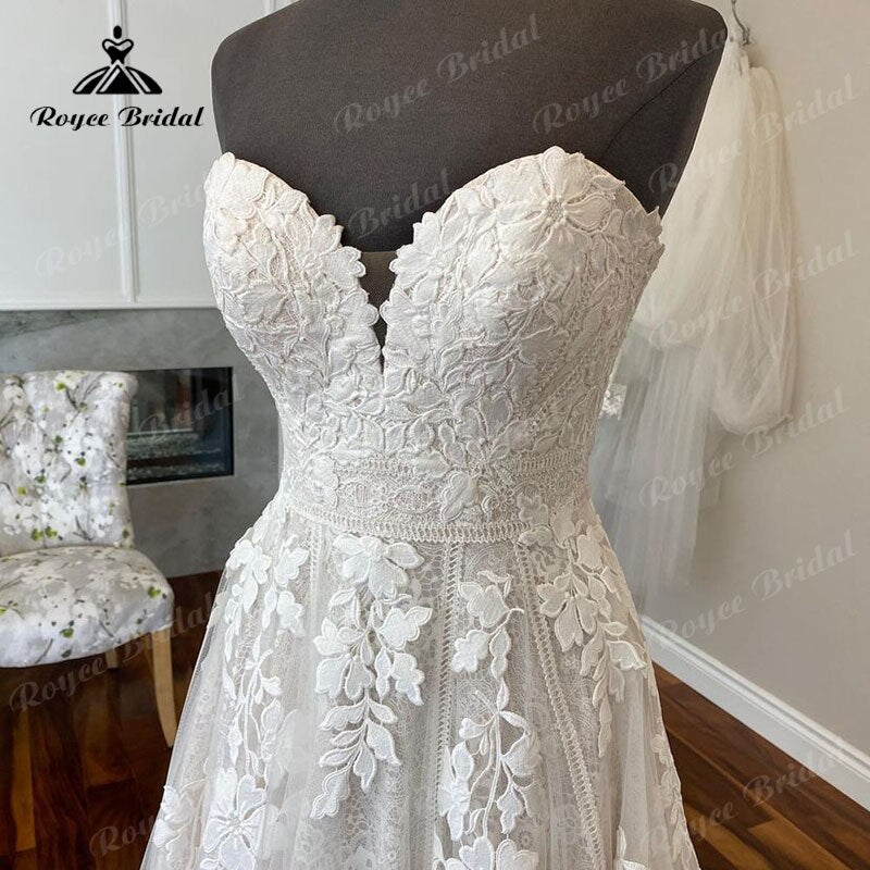 Robe de mariée trapèze style bohème en dentelle Roycebridal, décolleté en cœur, avec appliques, style princesse, pour femme, 2025