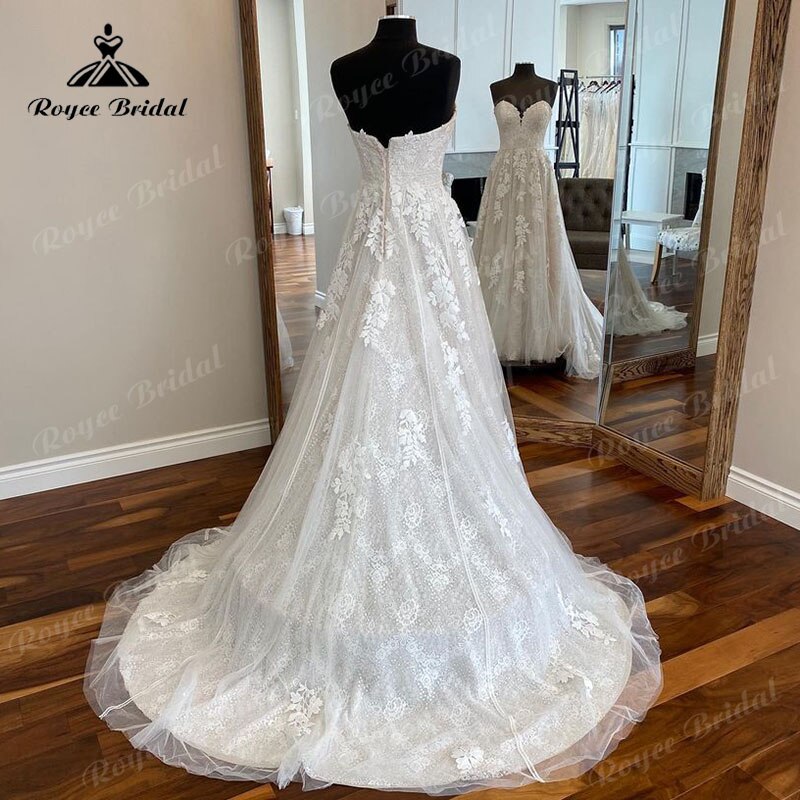 Robe de mariée trapèze style bohème en dentelle Roycebridal, décolleté en cœur, avec appliques, style princesse, pour femme, 2025