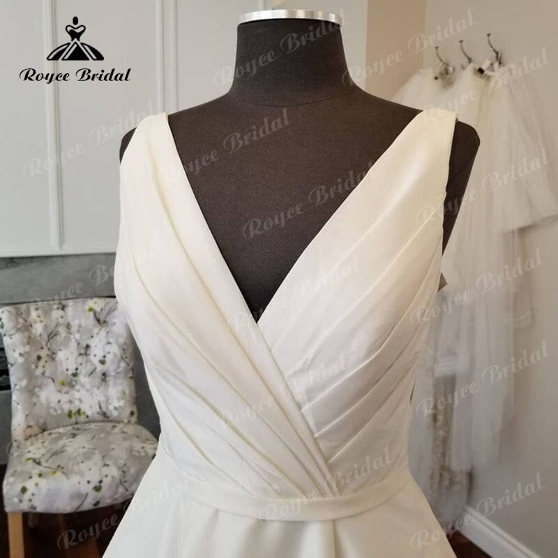 Roycebridal Satin V Neck Sleeveless Simple Wedding Dress Open Back 2025 Ball Gown Bridal Wedding Women robe de mariée Elegant