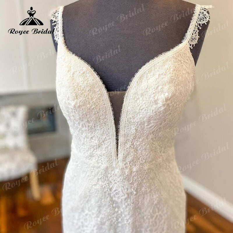 Roycebridal Spaghetti Straps Deep V Neck Lace Wedding Dress Mermaid Open Back 2025 Sweep Train vestido de boda corte sirena Sexy