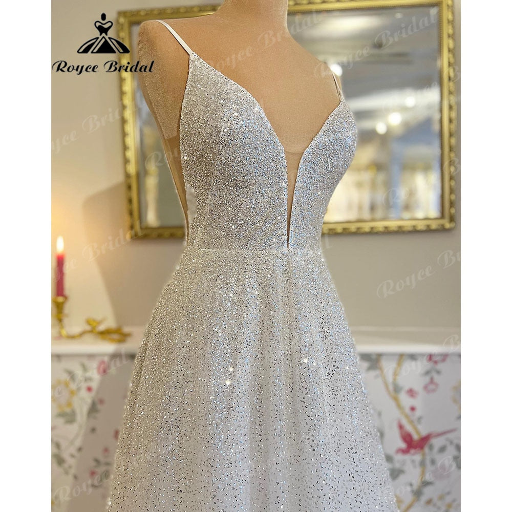 Plus SizeRoycebridal Sparkly Shiny Glitter Tulle Bridal Beach Wedding Dress with Deep V Neck 2025 Wedding Receipt Dinner Party Gowns Sexy