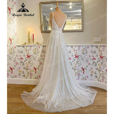 Plus SizeRoycebridal Sparkly Shiny Glitter Tulle Bridal Beach Wedding Dress with Deep V Neck 2025 Wedding Receipt Dinner Party Gowns Sexy