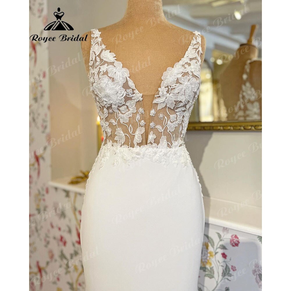Roycebridal BRIDE,BRIDE EXPLORE All Wedding Dresses,BRIDE EXPLORE Custom Wedding Dresses 👗,BRIDE EXPLORE Plus SizeRoycebridal Vintage Lace Floral V Neck Crepe Women Birdal Mermaid Wedding Gowns 2025 Wedding Dress Sleevess vestido de festa