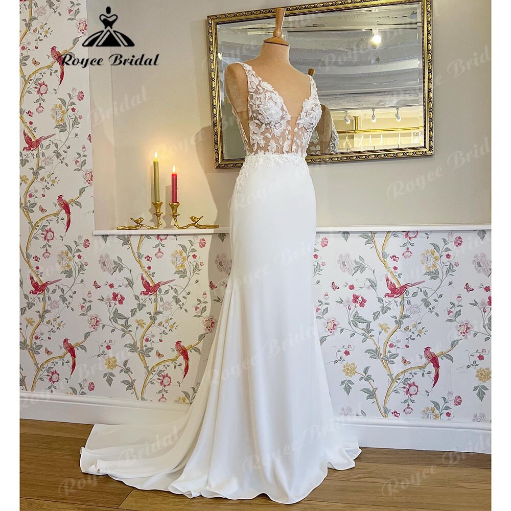 Roycebridal BRIDE,BRIDE EXPLORE All Wedding Dresses,BRIDE EXPLORE Custom Wedding Dresses 👗,BRIDE EXPLORE Plus SizeRoycebridal Vintage Lace Floral V Neck Crepe Women Birdal Mermaid Wedding Gowns 2025 Wedding Dress Sleevess vestido de festa