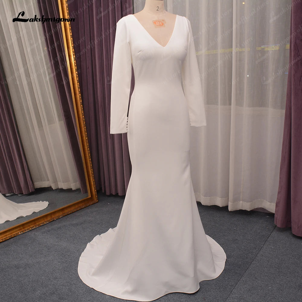 Roycebridal Simple Lpng Sleeves Wedding Dress for Women V Neckline Robe Mariage Civil Crepe Bridal Gown Brautkleid
