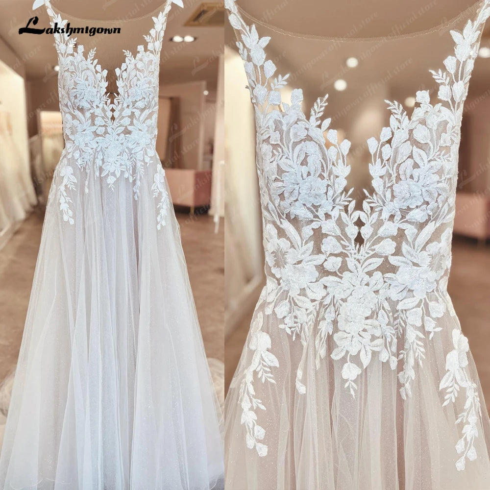 Robe de mariée illusion Roycebridal sans manches, dos nu, col rond, transparente, avec appliques, robe de mariée formelle
