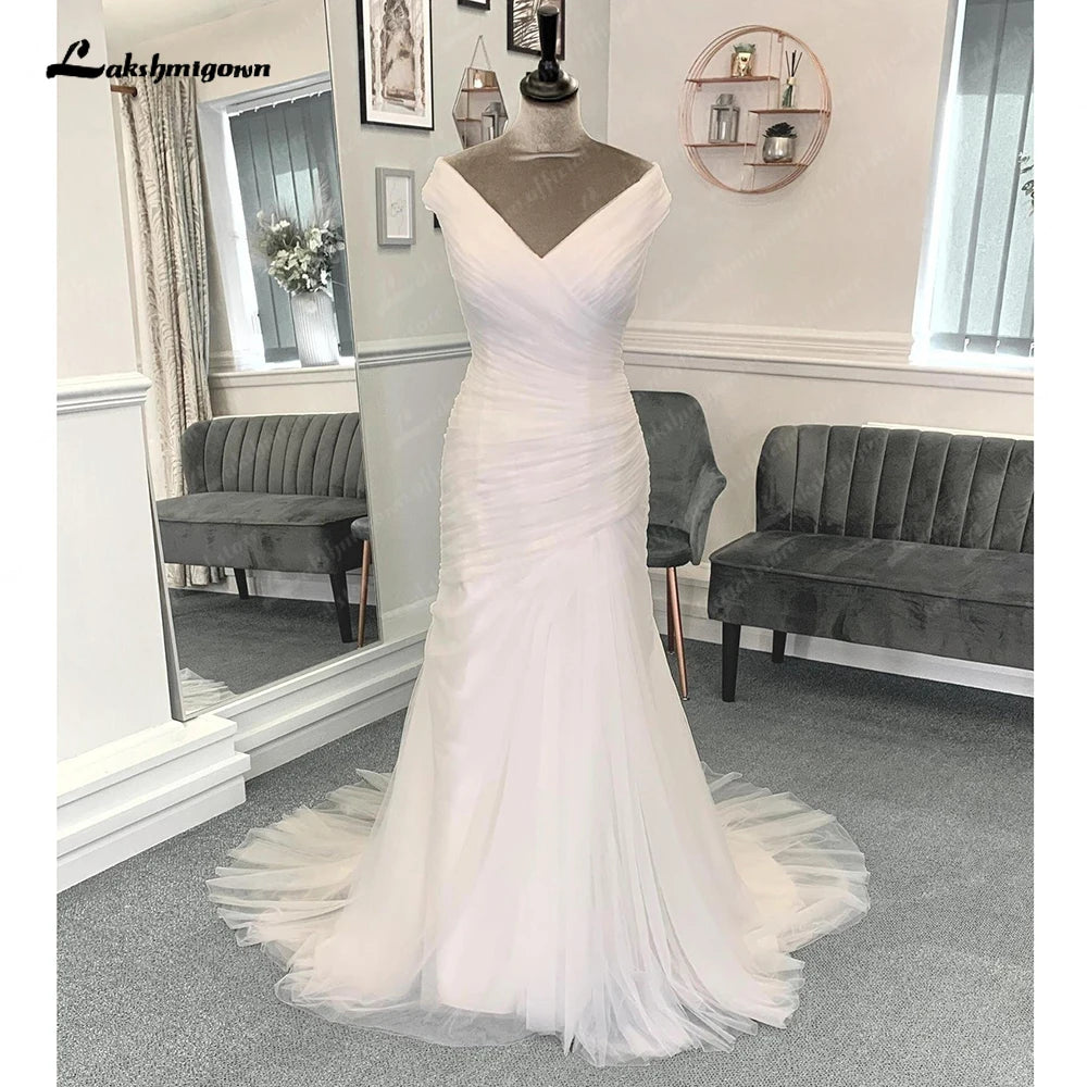 Roycebridal Tüll Plissee Meerjungfrau Formale Brautkleider mit Perlen Gürtel Off the Shoulder Off White 2025 Brautkleider