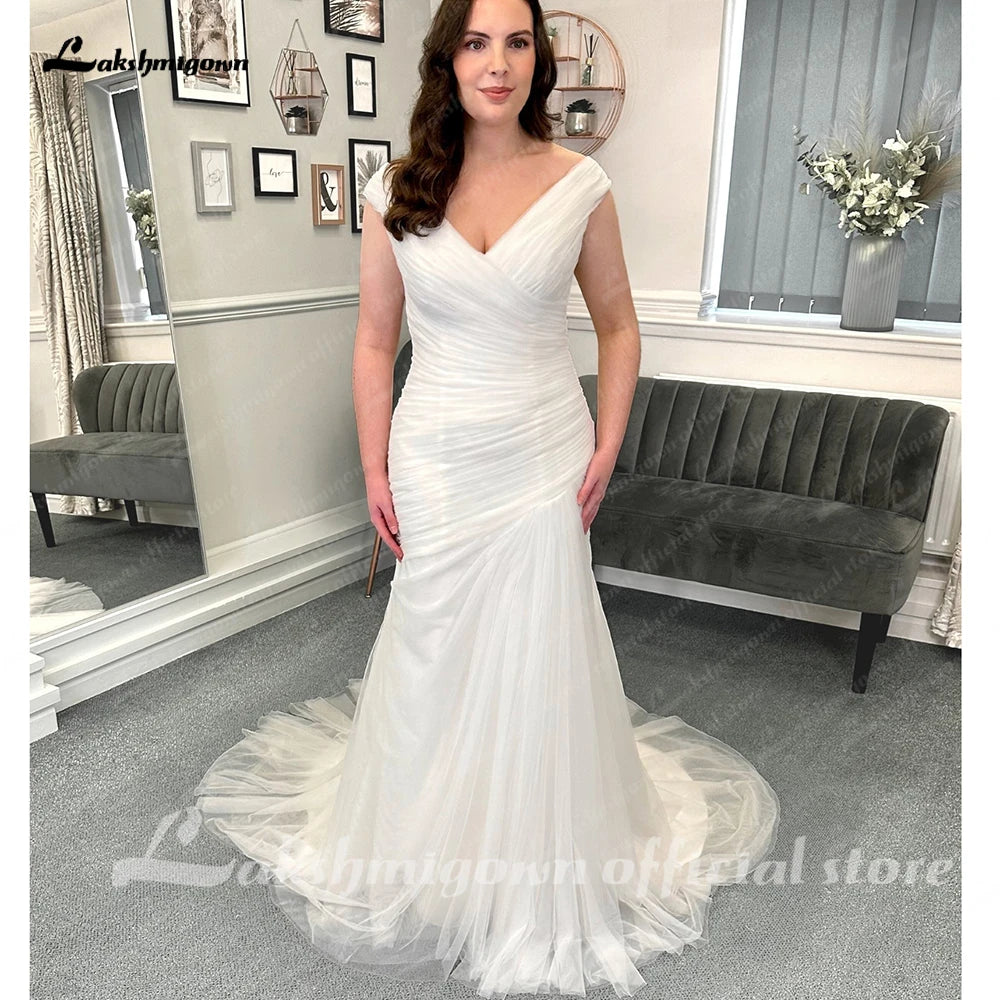 Roycebridal Tüll Plissee Meerjungfrau Formale Brautkleider mit Perlen Gürtel Off the Shoulder Off White 2025 Brautkleider