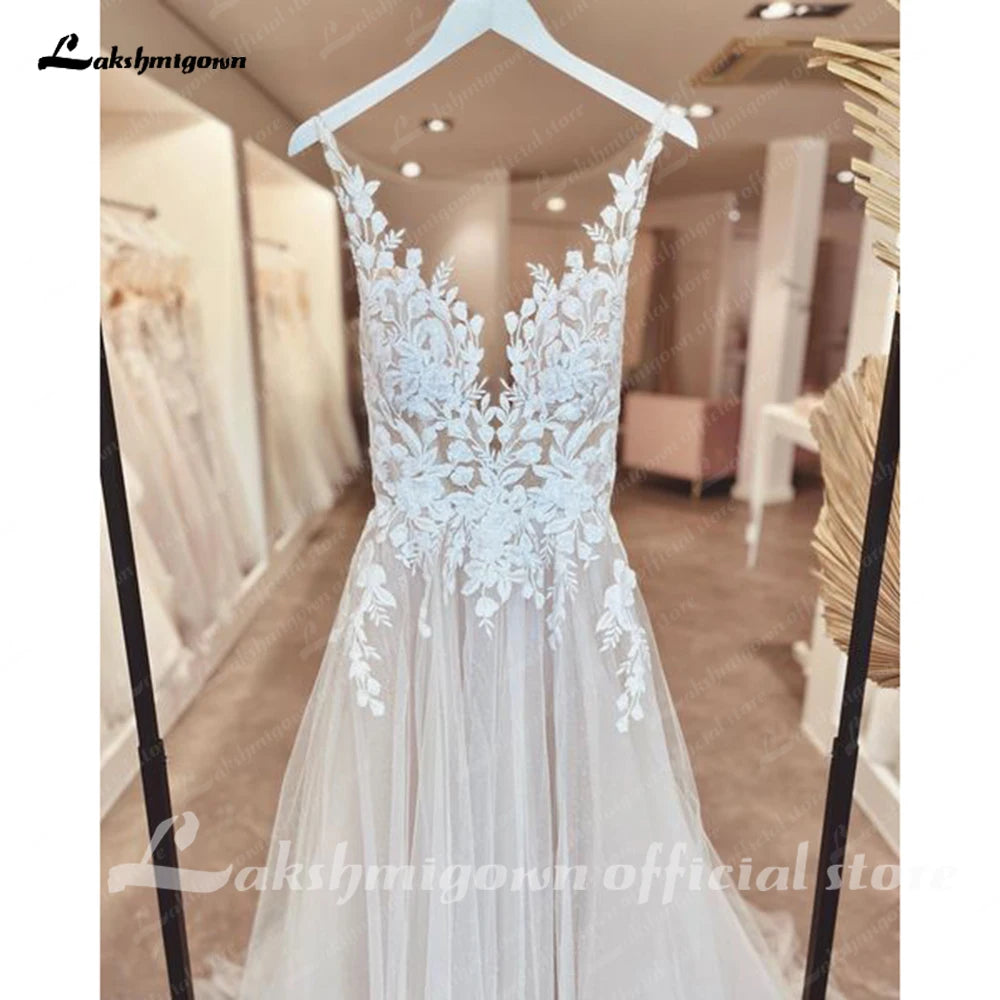 Robe de mariée illusion Roycebridal sans manches, dos nu, col rond, transparente, avec appliques, robe de mariée formelle